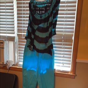 Striped Black and Teal Top with Teal Pants